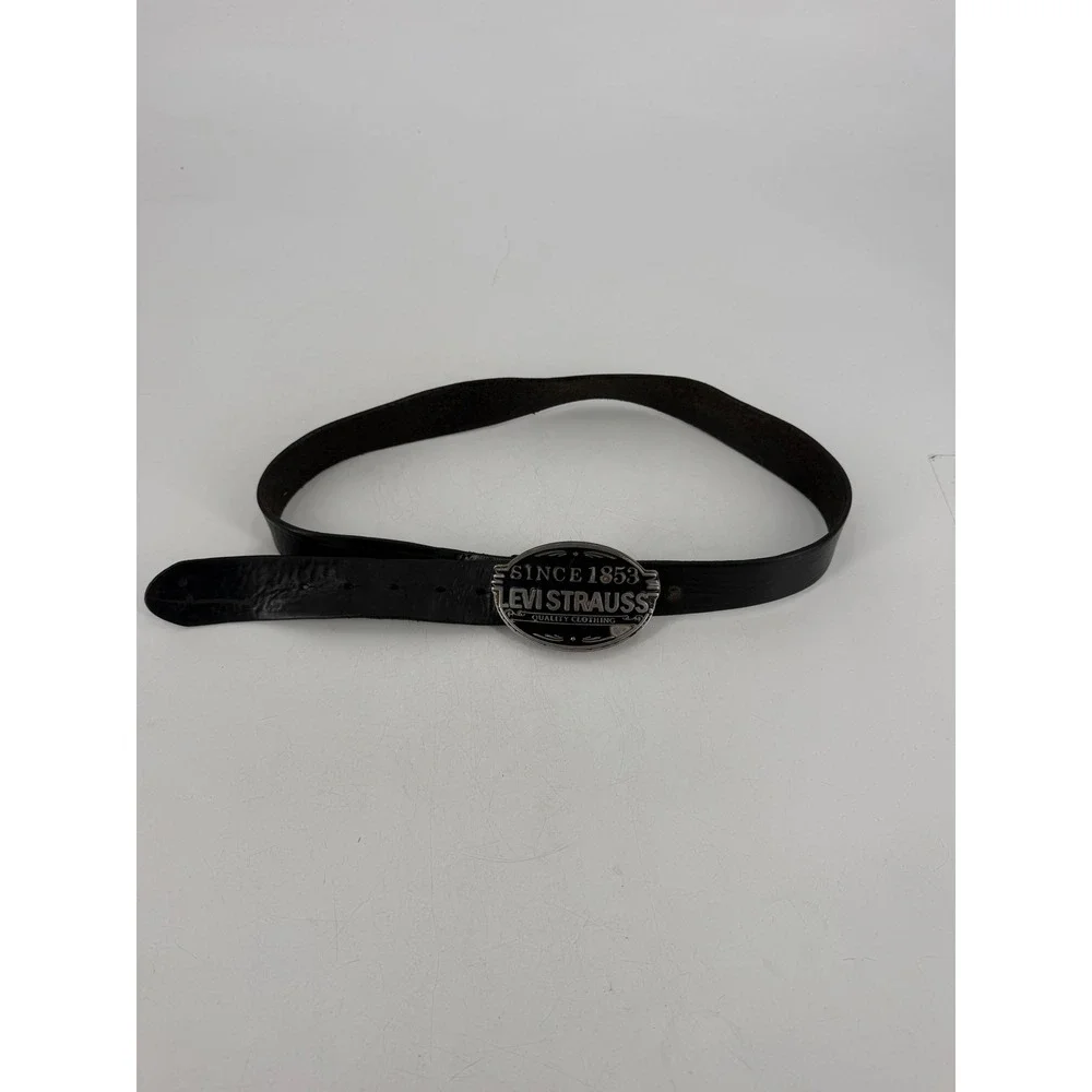 Levi Strauss Belt Mens Medium Black Leather Large Trophy Buckle Western Vintage